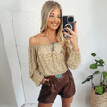 FINAL SALE Marilyn - Beige Leopard Velvet Burnout Off Shoulder Long Sleeve Blouse