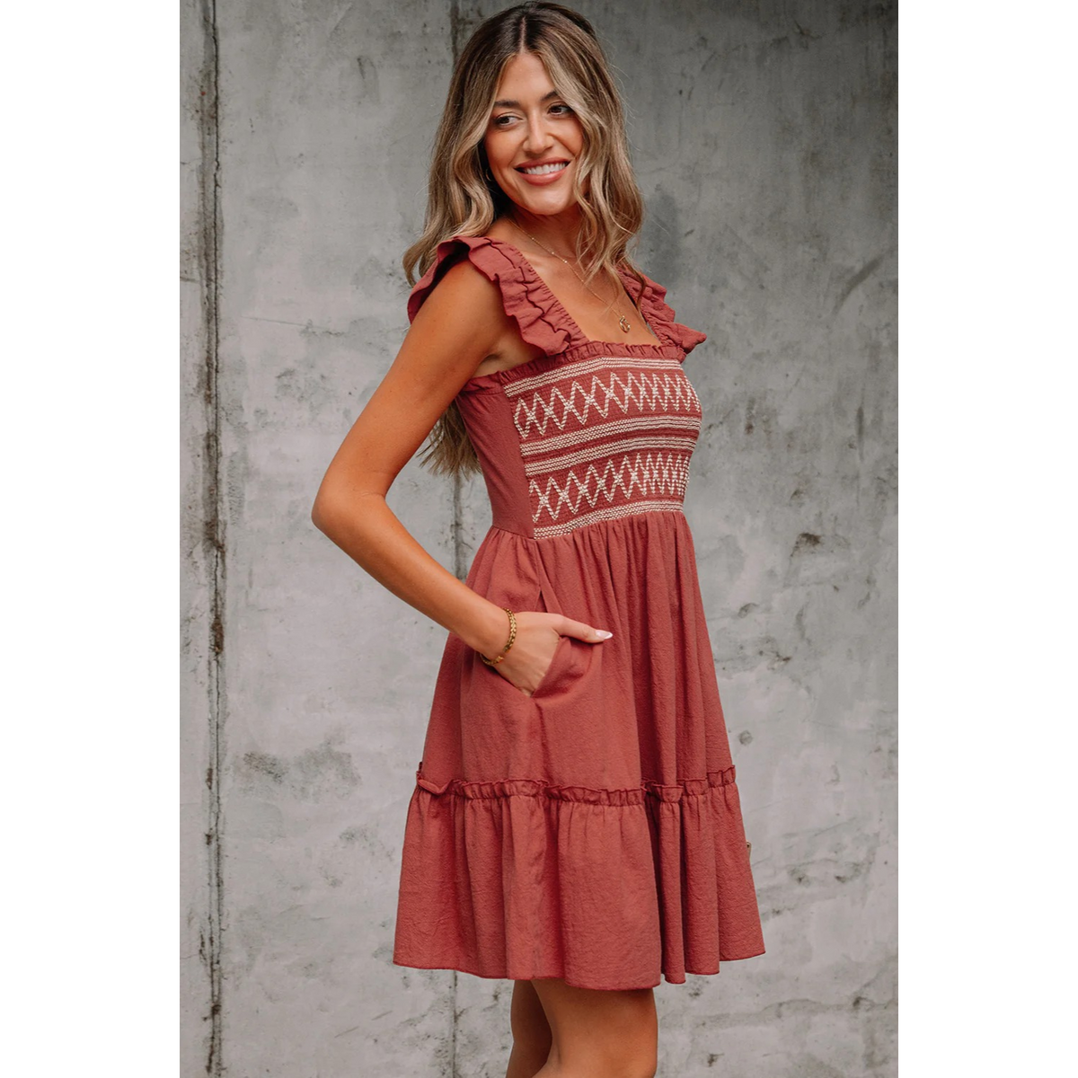 JudyAnn - Red Sandalwood Geometric Stitch Shirred Bodice Ruffled Trim Sleeveless Mini Dress