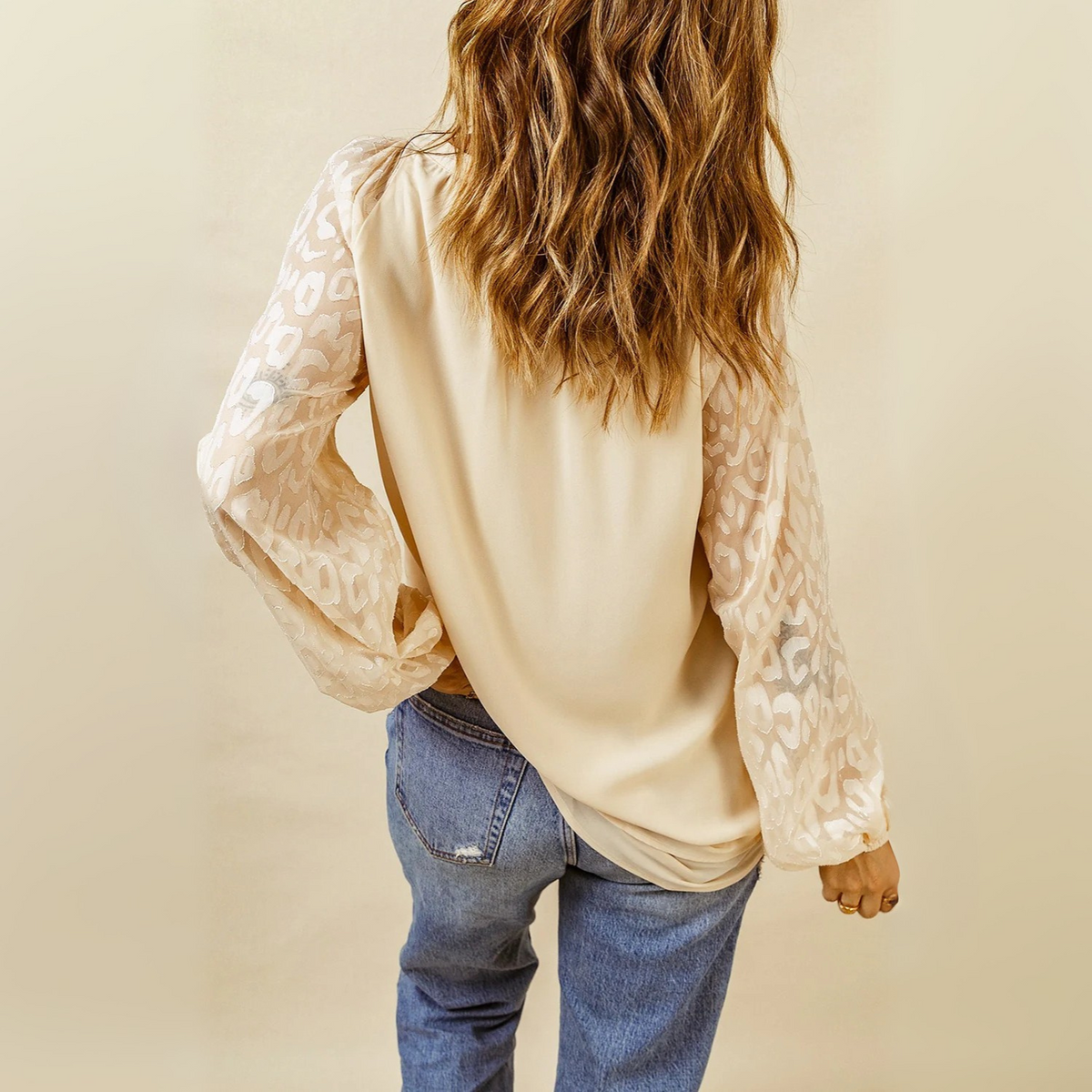 Shirley - Beige Leopard Mesh Bubble Sleeve Split Neck Blouse