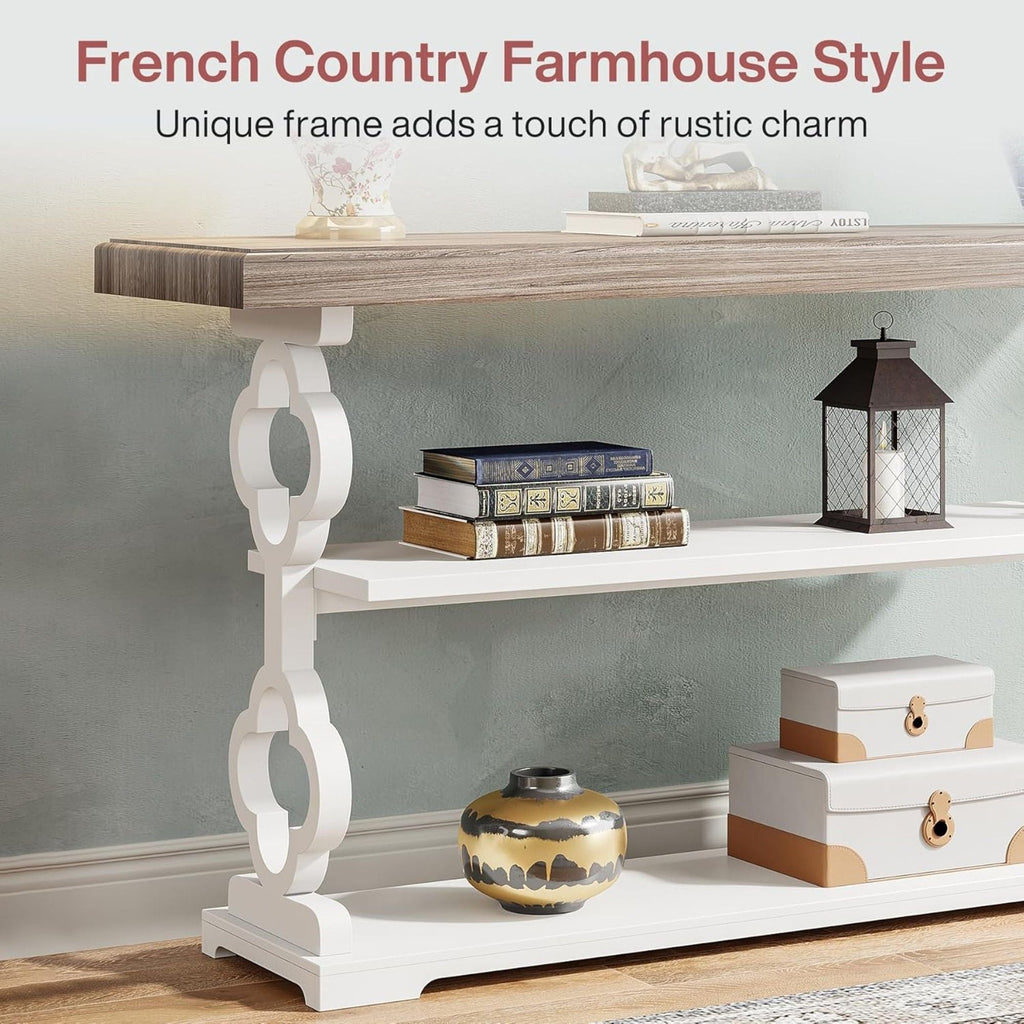 Console Sofa Table With 3 Shelves, Floral Carved Accent - Gray / White