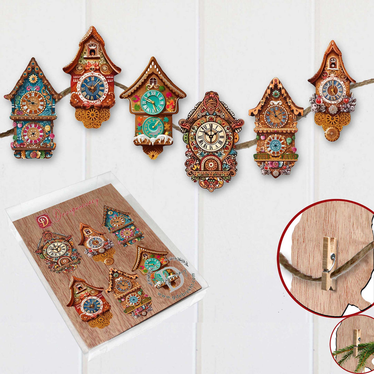 Miniature clock Clip-On Eco Wood Decorative Ornaments Set of 6 by G. Debrekht - Christmas Decor - 8090020C-S6