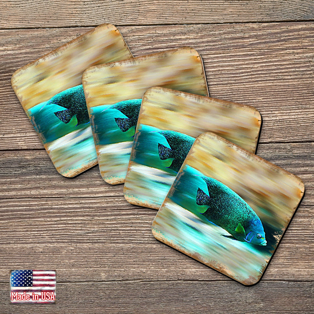 Green Tropical Fish Coastal Wood Coasters Set of 4 by Nature Wonders - 95264C-S4