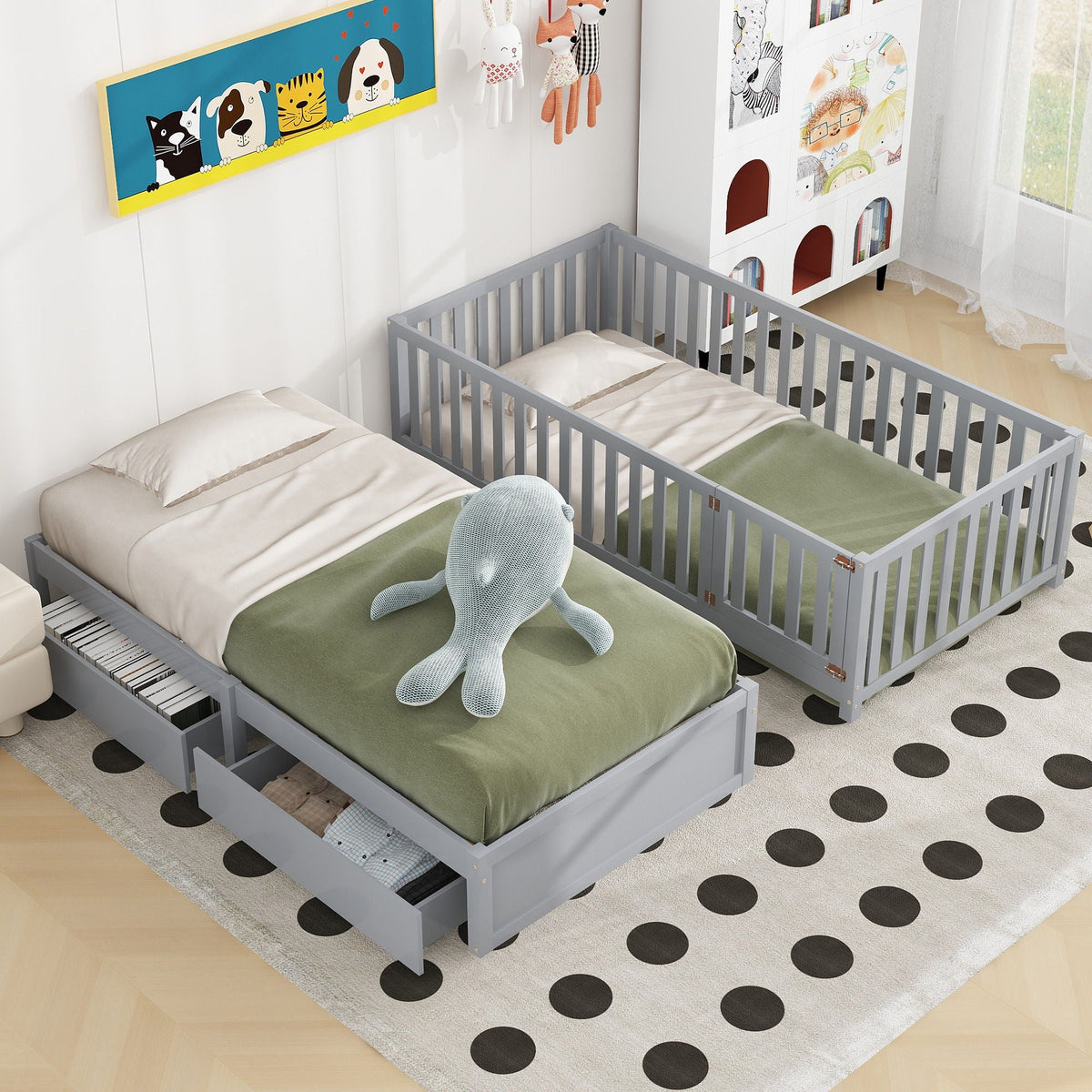 Daybed With Fence Guardrails And 2 Drawers, Split Into Independent Floor Bed & Daybed