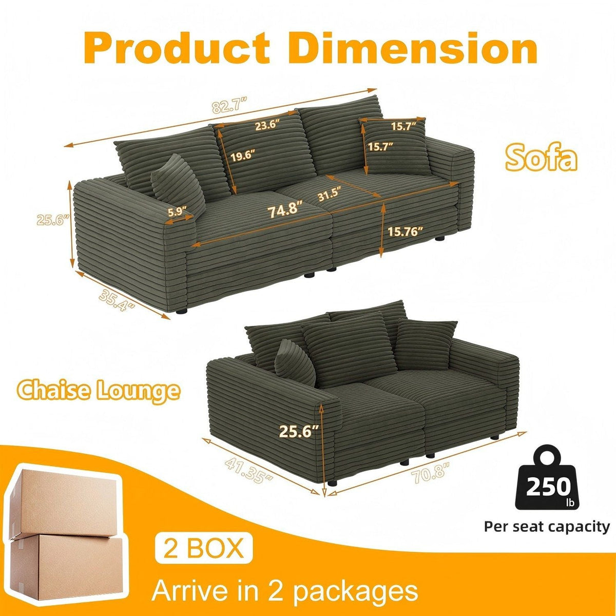 Convertible Deep Seat Sofa With Soft Pillows And Ottomans