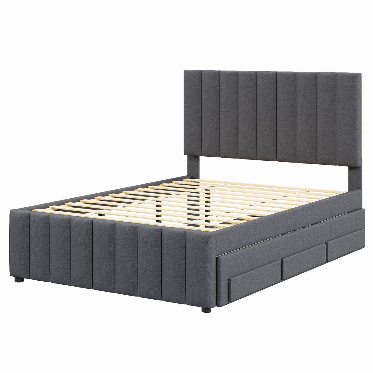 Full Size Upholstered Platform Bed with Twin Size Trundle and 3 Drawers