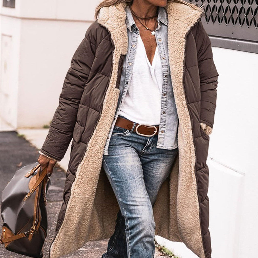 Solid Color Hooded Long Coat Winter Long Sleeve Double-sided Wear Slim Elegant Cardigan Jacket Top Women's Clothing