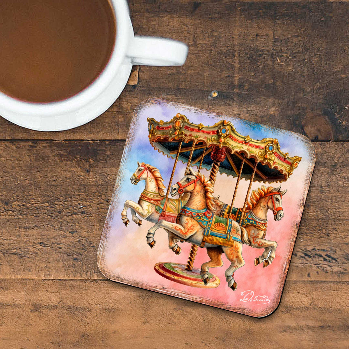 Carousel Horses Wooden Cork Coasters Gift Set of 4 by G. Debrekht - Christmas Decor  - 8199439C-S4