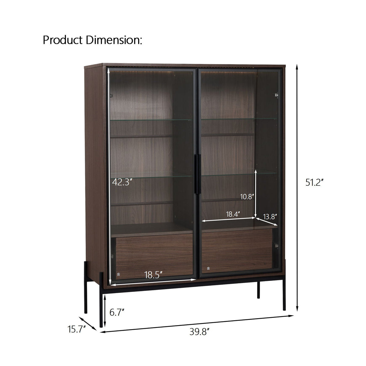 Modern Minimalist Style LED Curio Cabinet With Tempered Glass Door, Metal Legs