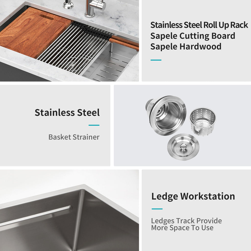 33" Undermount Kitchen Sink Single Bowl Ledge Workstation In 16 Gauge Stainless Steel - White