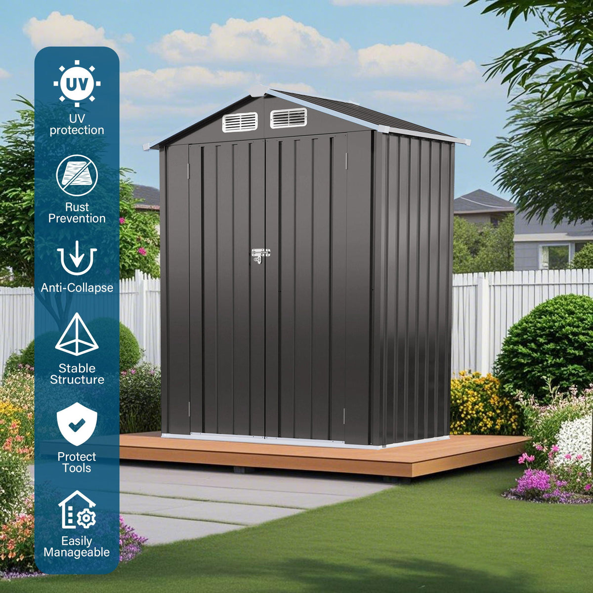 5 X 3 Ft Compact Metal Outdoor Storage Shed With Pitched Roof, Lockable Door - Gray