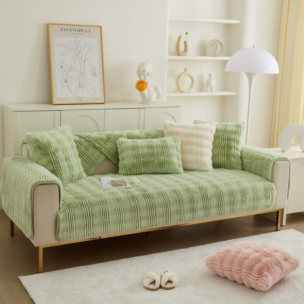 Soft Thick Faux Fur Sofa Cover Stripe Fluffy Fuzzy Non-Slip Washable Couch Covers