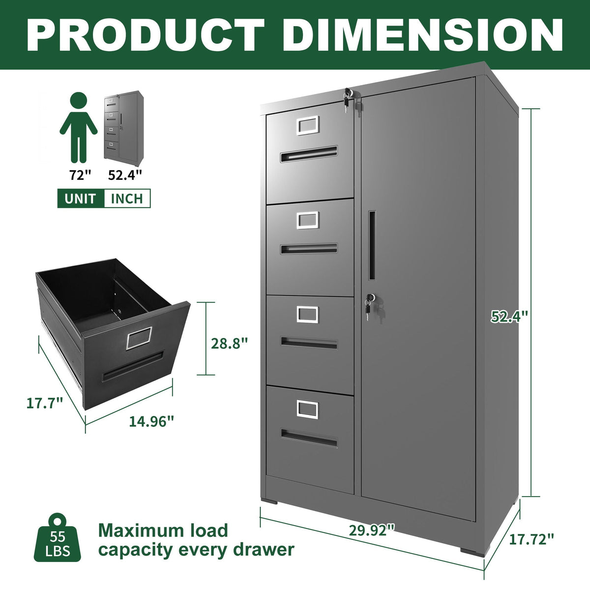 Metal Storage Vertical Filing Cabinet With Lock, 4 Drawers, 1 Door, Steel Construction, School / Office Use
