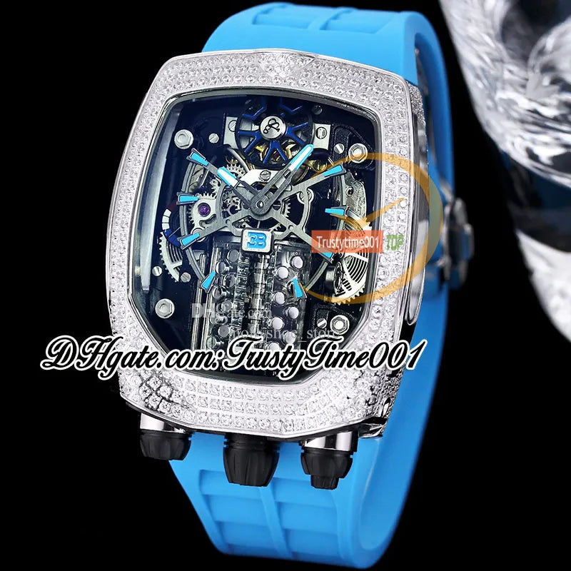Bugatti Chiron Tourbillon Autoamtic Mens Watch 16 Cylinder Engine Skeleton Dial Iced Out Diamonds Inlay Case Blue Rubber Strap Trustytime001Watches BU200.30