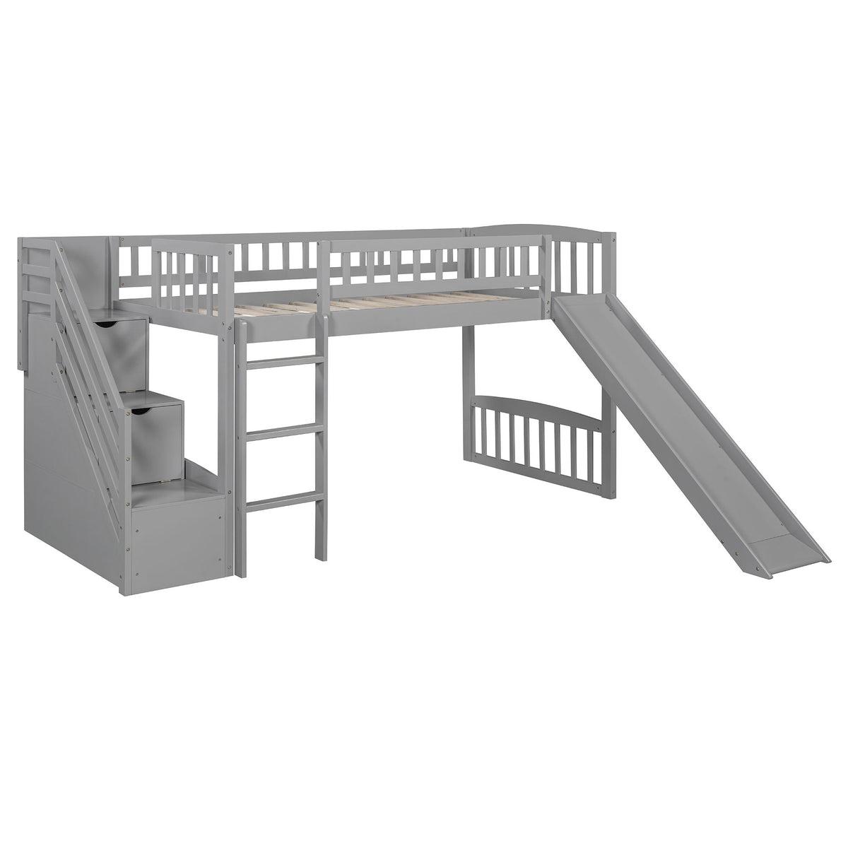 Loft Stairway Bed With 2 Drawers, Convertible Ladder And Slide