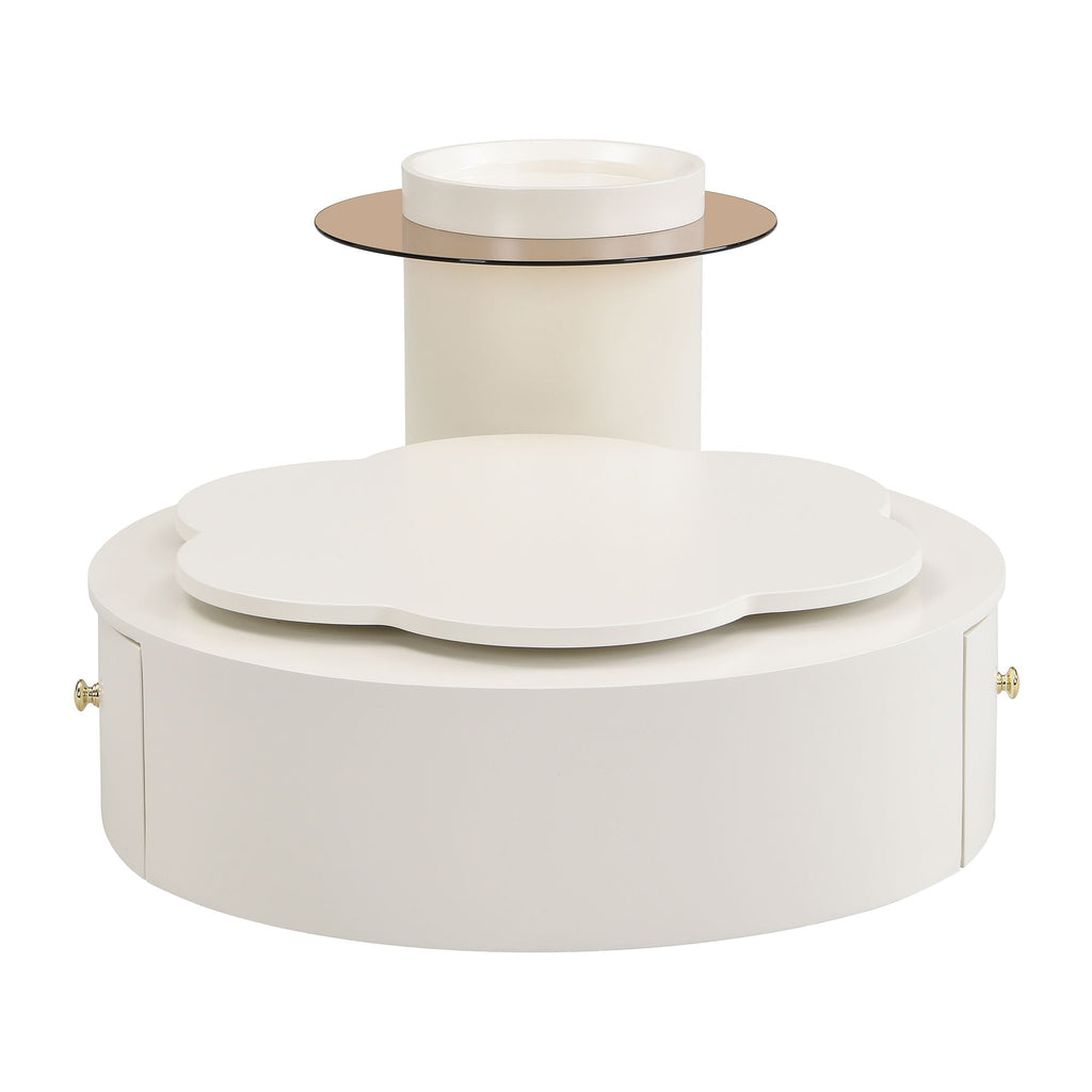 Modern Round Coffee Table (Set of 2), 360 Degree Rotatable Flower Shaped Top With 2 Drawers, Top Circle Side Table End Table With Glass For Living Room - Off White