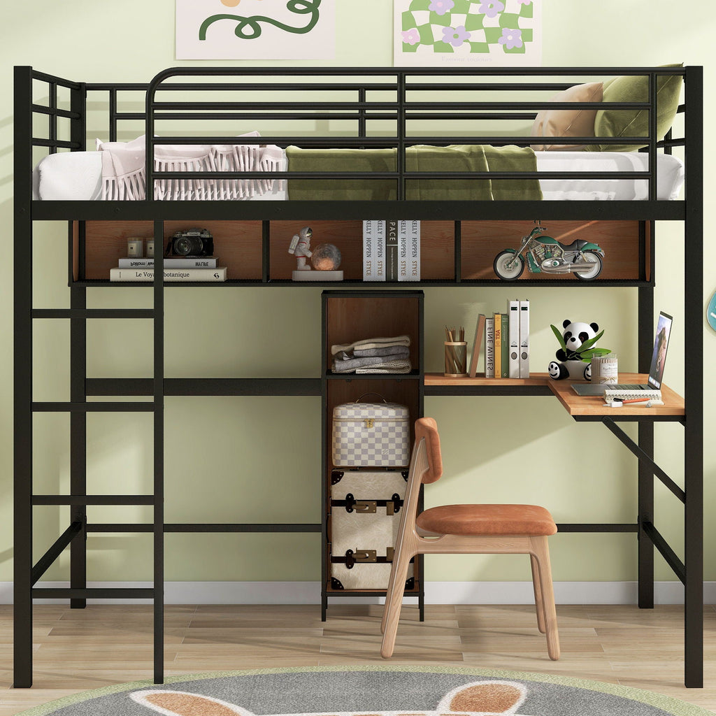 Full Size & Loft Bed With L-Shaped Desk And Shelves - Black