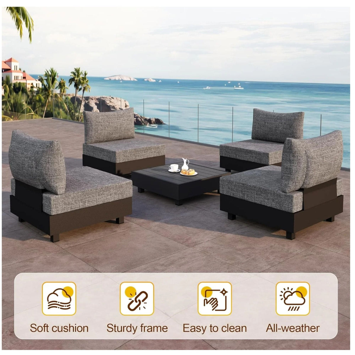 Modular Armless Chairs With Coffee Table For Garden (Set of 2) - Gray