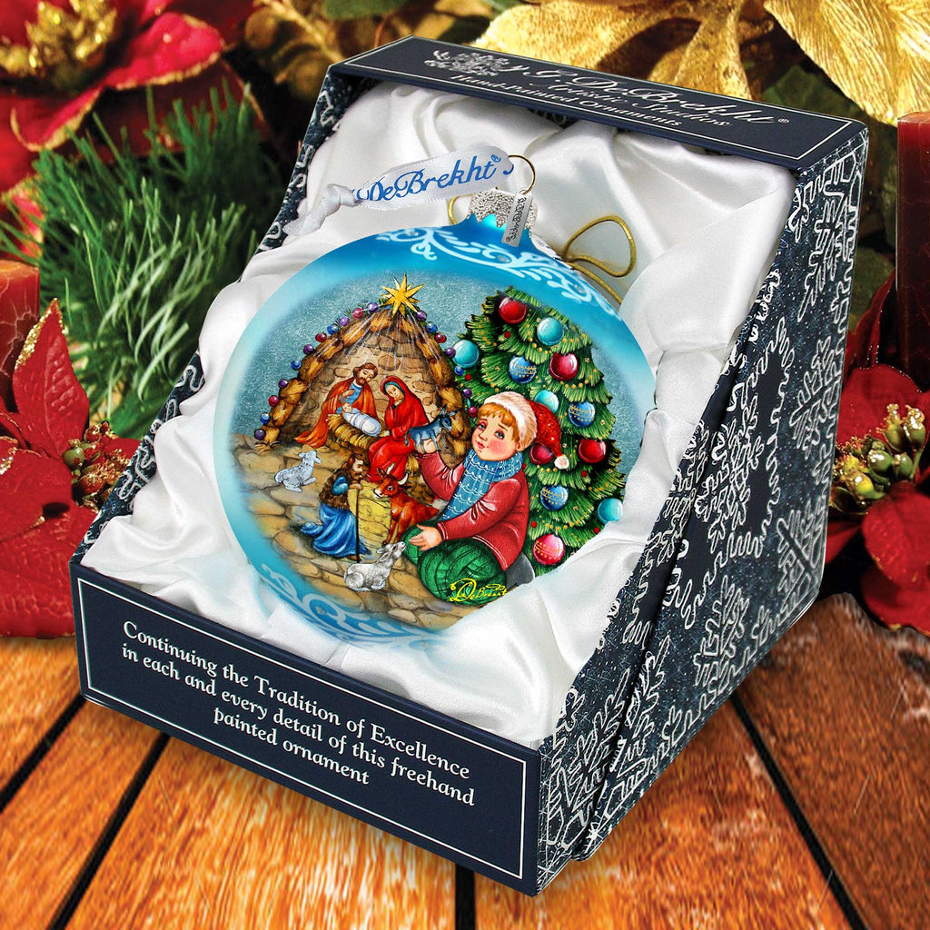 Nativity by the Christmas Tree Lg Glass Ornament in Blue by G.Debrekht - Christmas Decor - 73930B