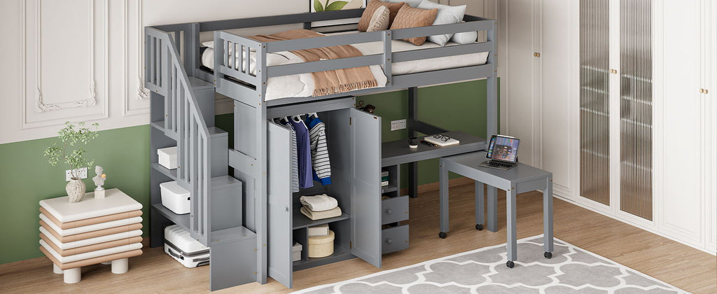 Loft Bed With Stairs, Bookshelf, Drawers, Desk & Wardrobe, Space Saving Multifunctional Furniture