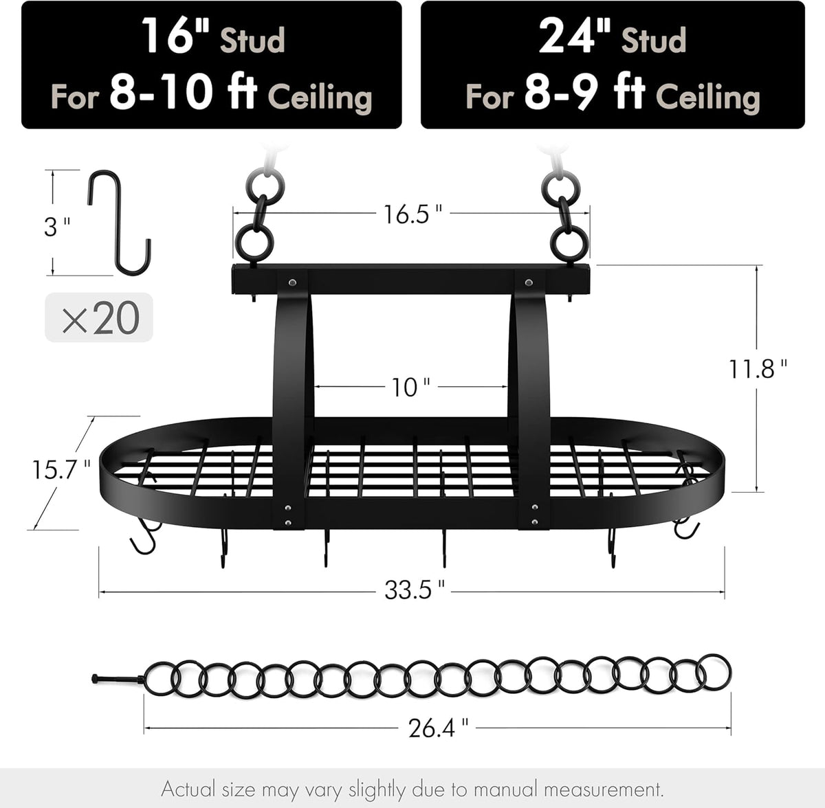 Ceiling Pot Rack 34-Inch Hanging Pot Rack for Kitchen 24 Inch Kitchen Pot Pan Rack Wall Mounted, KUR221S85-BK+KUR215S60-BK-NEW