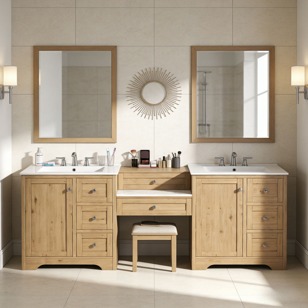 Double Sink Bathroom Vanity With Countertop, 2 Ceramic Sinks, 6 Drawers