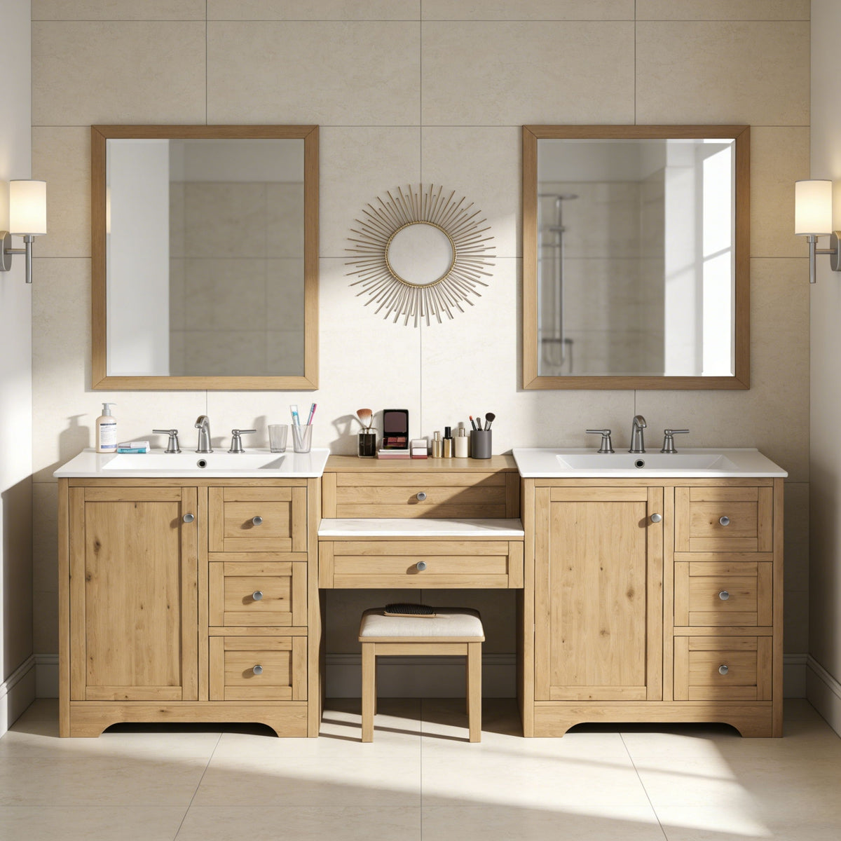 Double Sink Bathroom Vanity With Countertop, 2 Ceramic Sinks, 6 Drawers