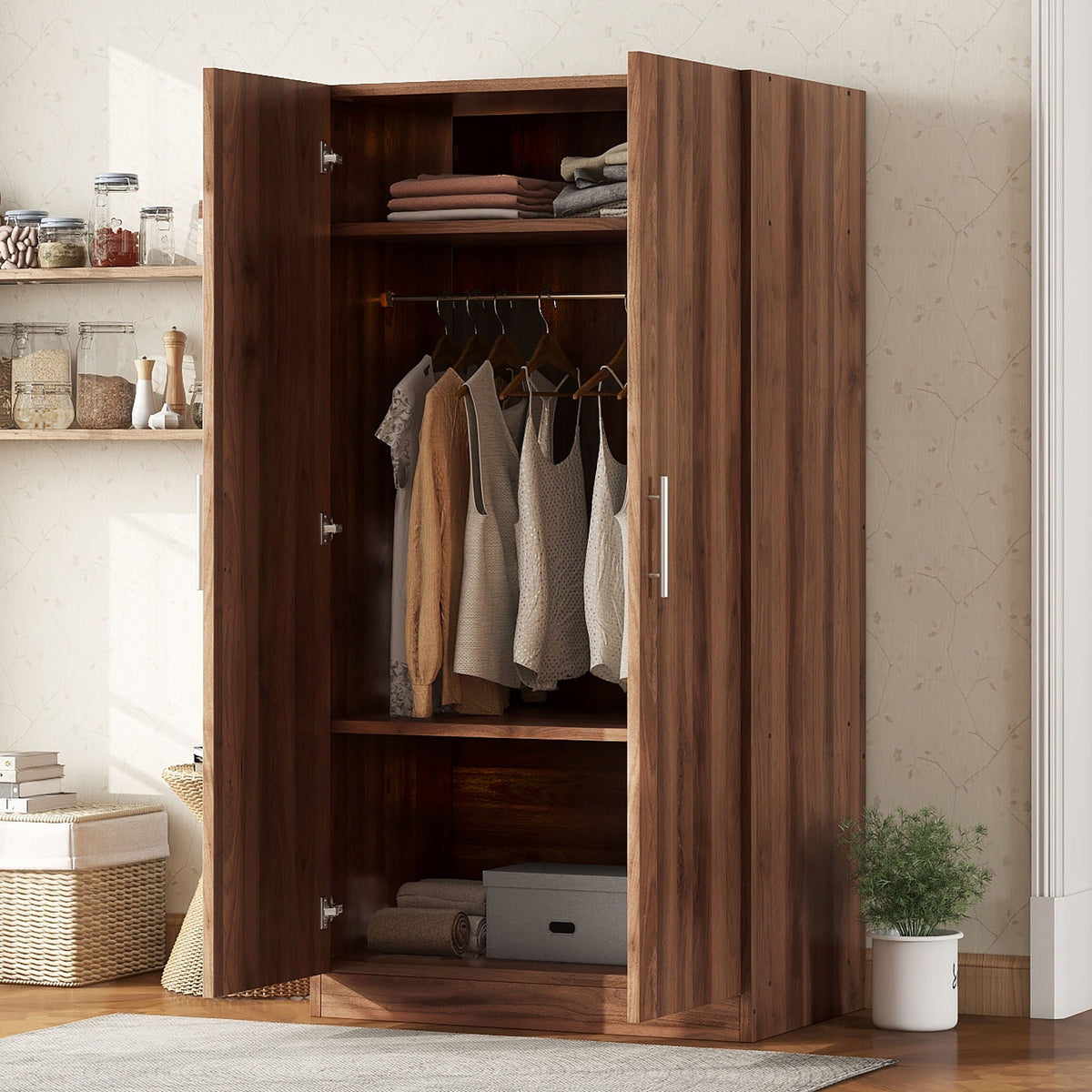 2 Door Wooden Wardrobe Armoire With 3 Storage Shelves - Brown