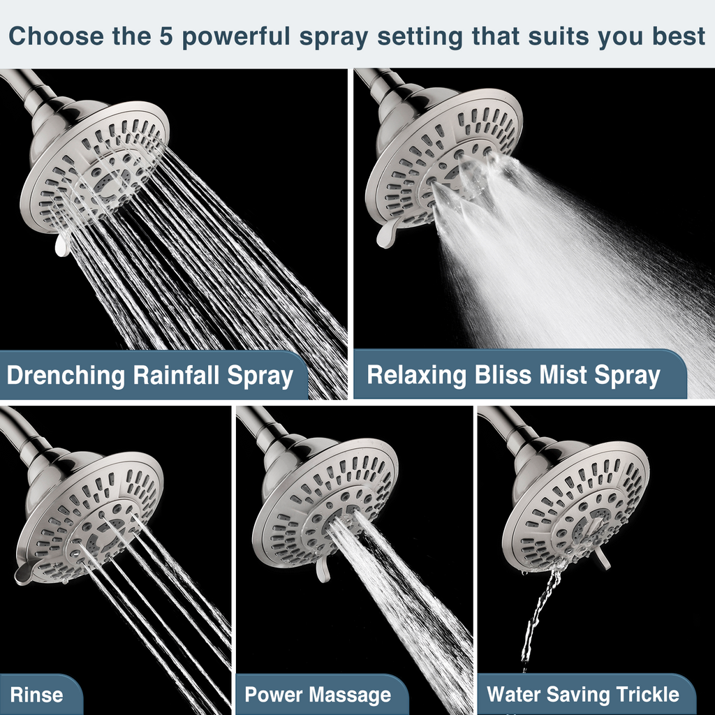 5-Spray Fixed Shower Head with Adjustable Angle