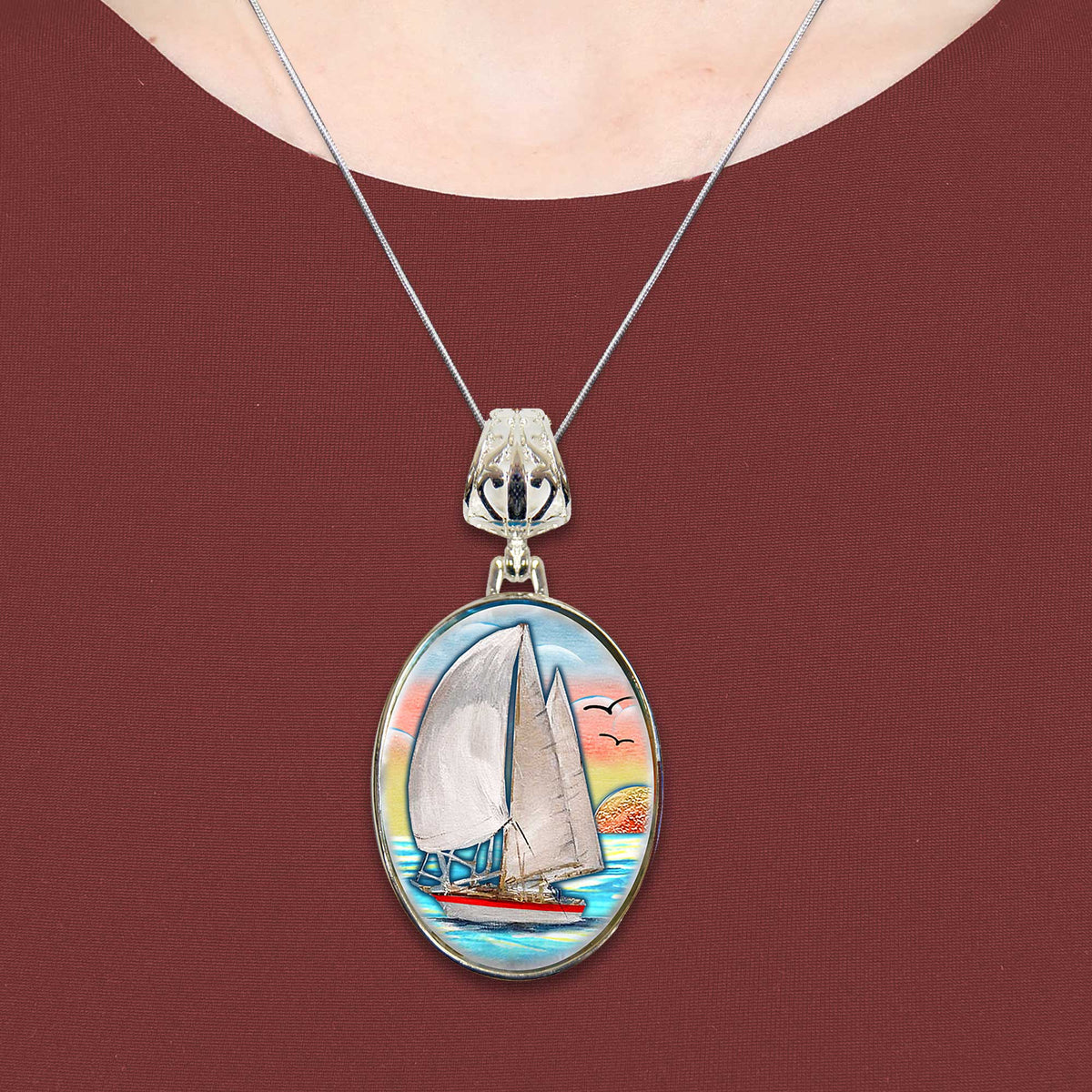 Sailboat Silver Plated Mother of Pearl Jewelry Pendant Necklace Coastal - 44043