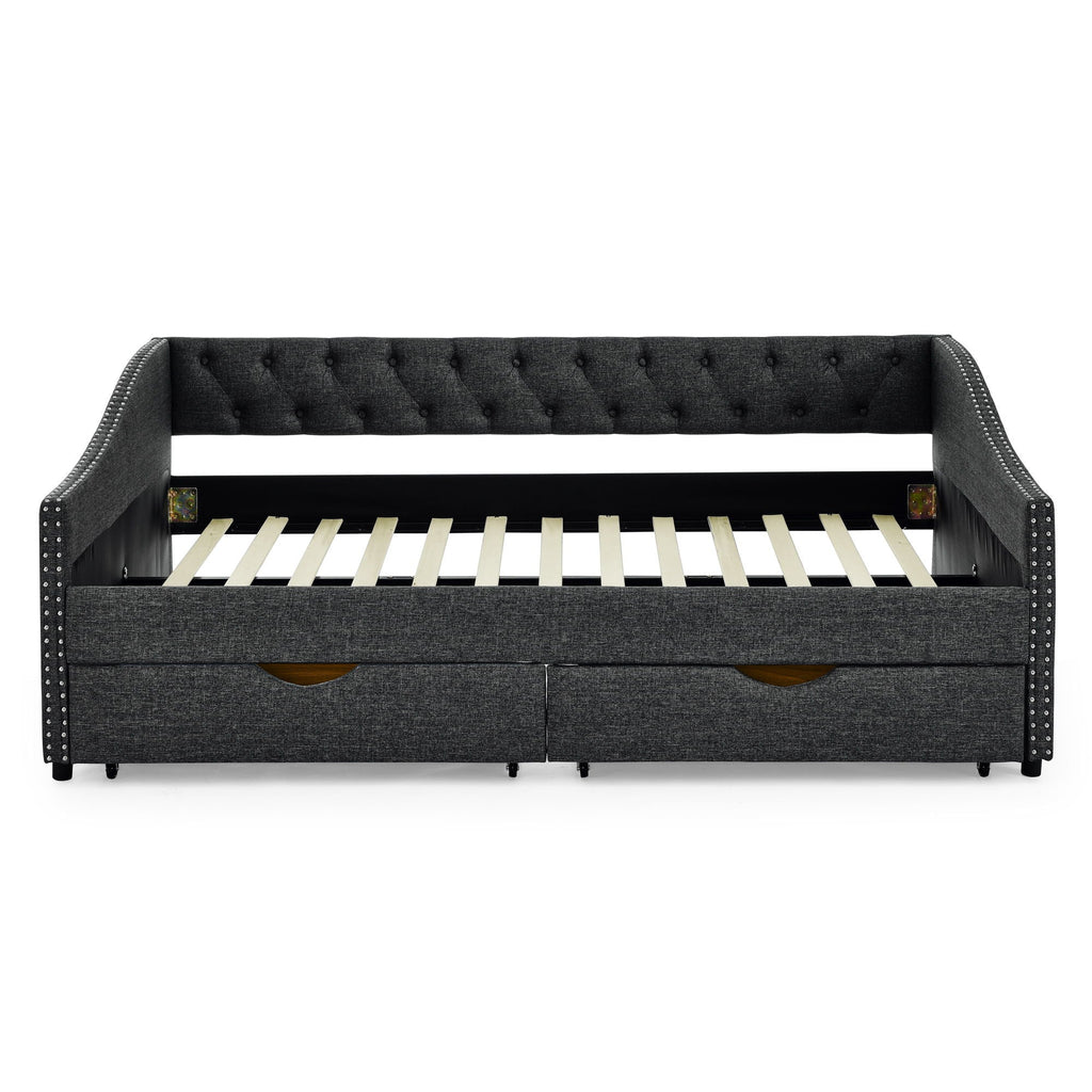 Upholstered Tufted Daybed With 2 Drawers, Waved Arms