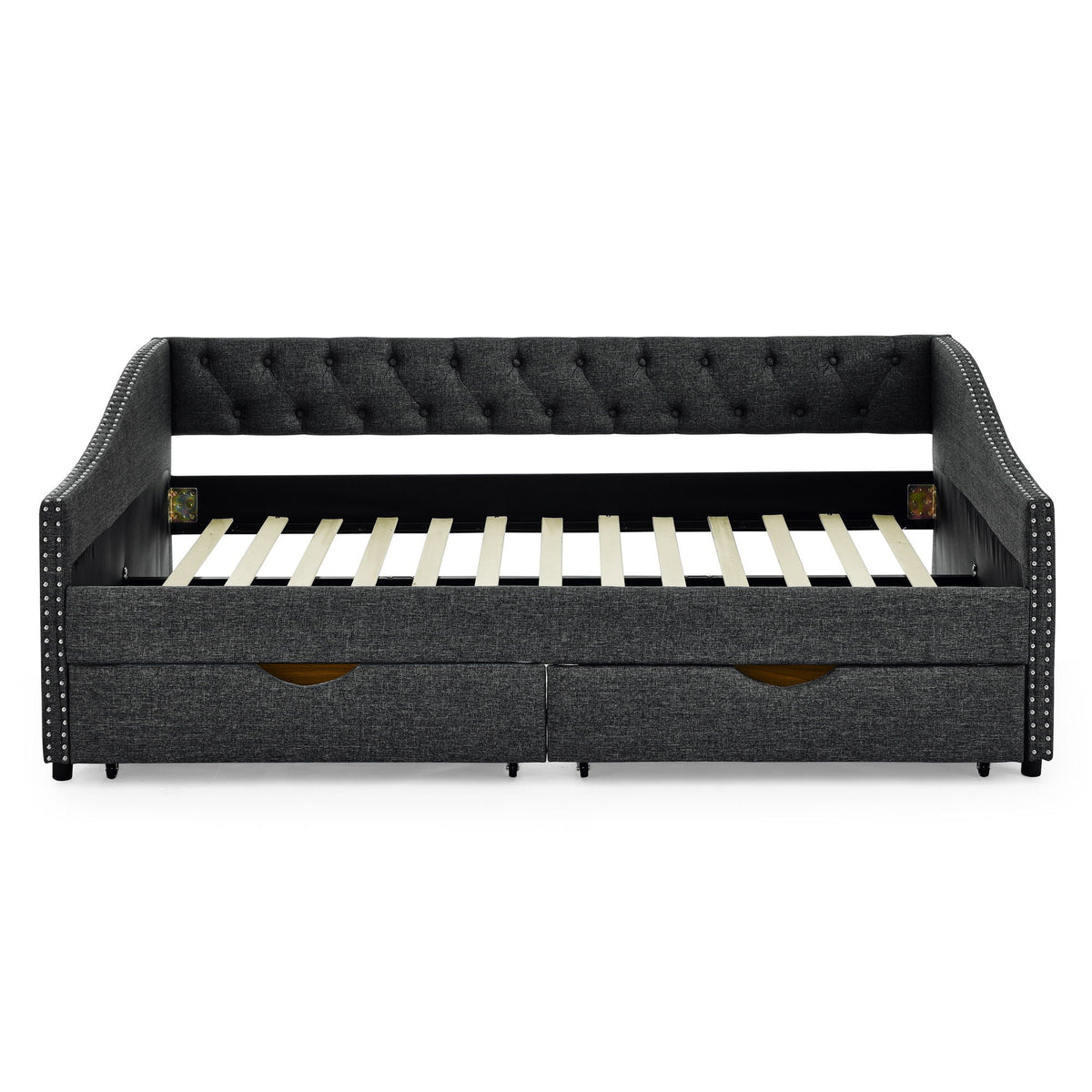 Upholstered Tufted Daybed With 2 Drawers, Waved Arms
