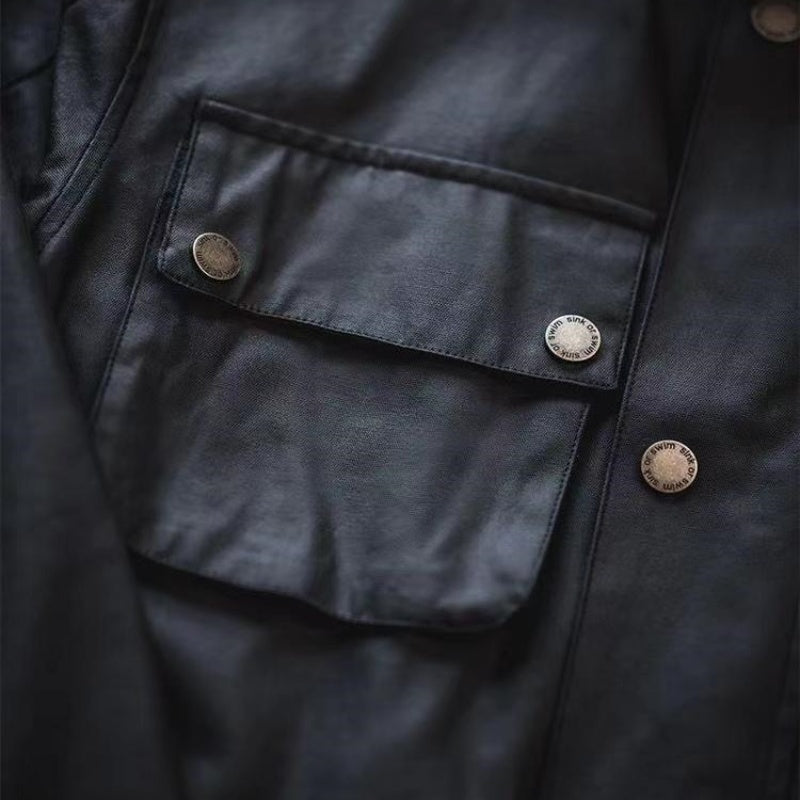 Oil Wax Jacket Trench Retro Biker's Waterproof Coat For Men