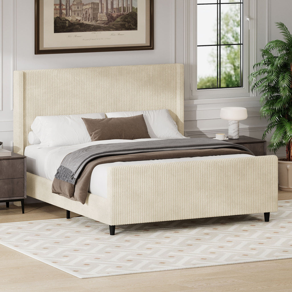 Corduroy Upholstered Bed Frame with Vertical Stripe Wingback and High Footboard