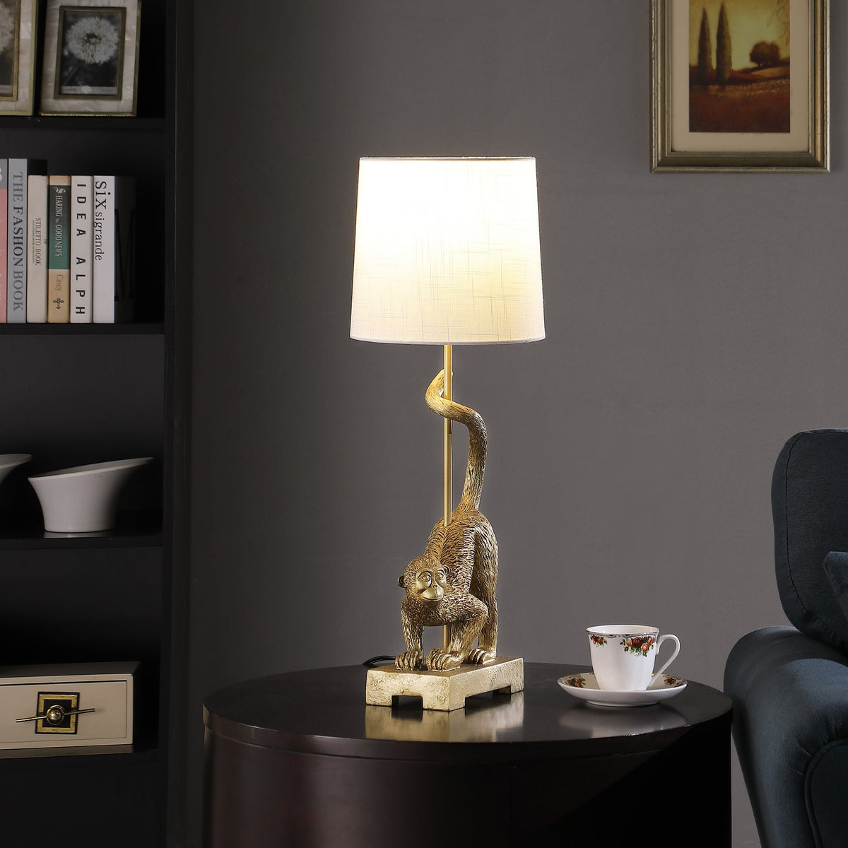 24-Inch Old World Gold Capuchin Monkey Polyresin Table Lamp