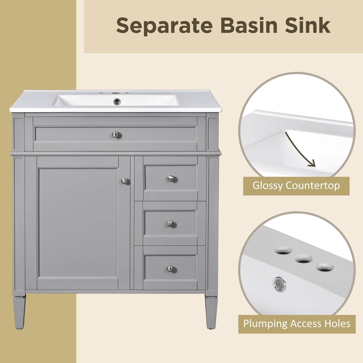 Bathroom Vanity With Top Sink, 2 Drawers & Tip Out Drawer