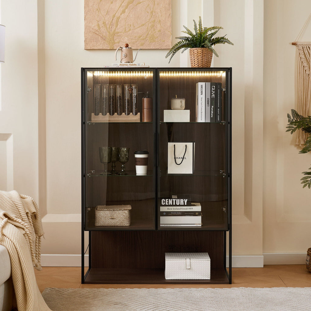 Modern Minimalist Tall Lighted Display Cabinet With Tempered Glass Door - Black / Dark Walnut