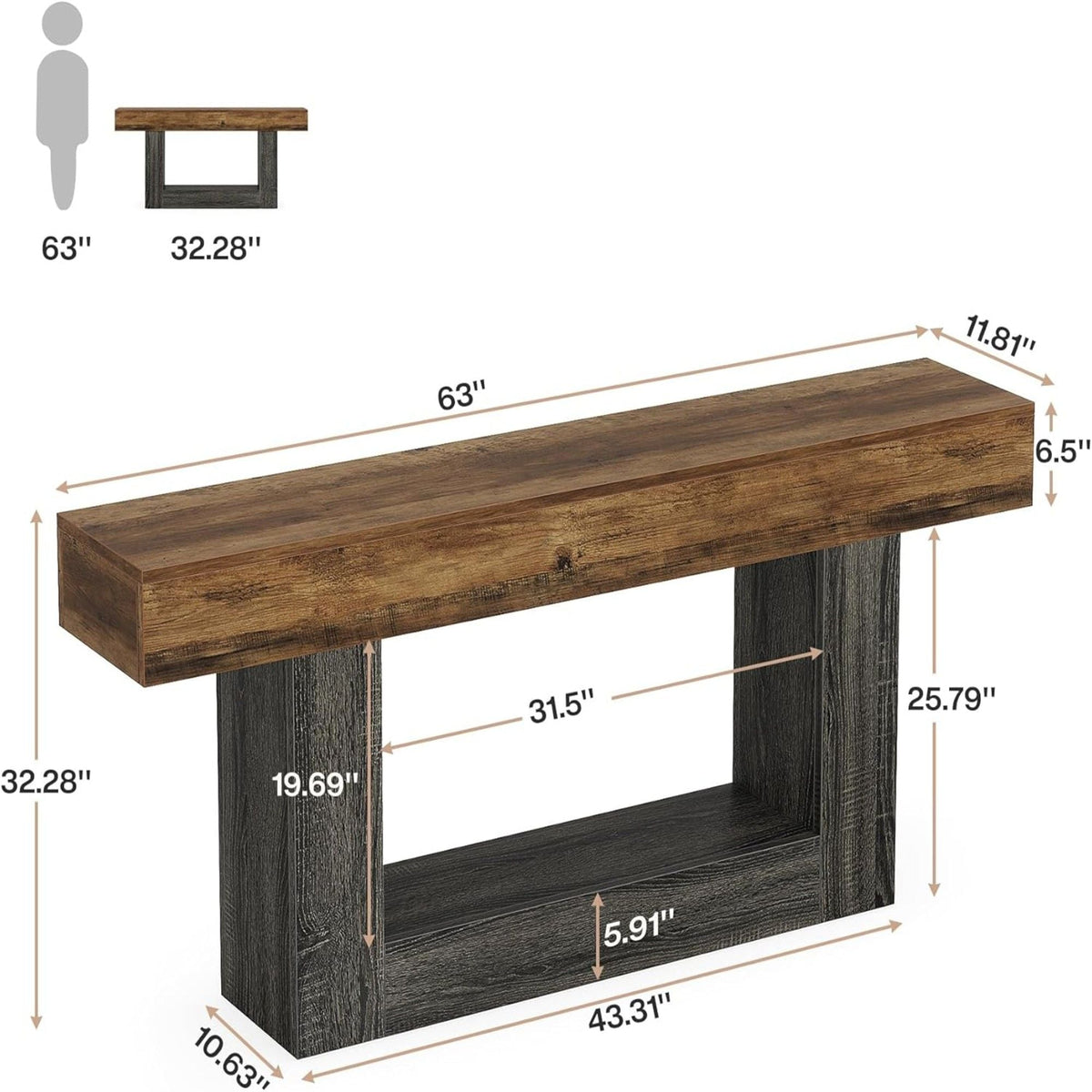 Console Table With 2 Tier Storage, U Shaped Base