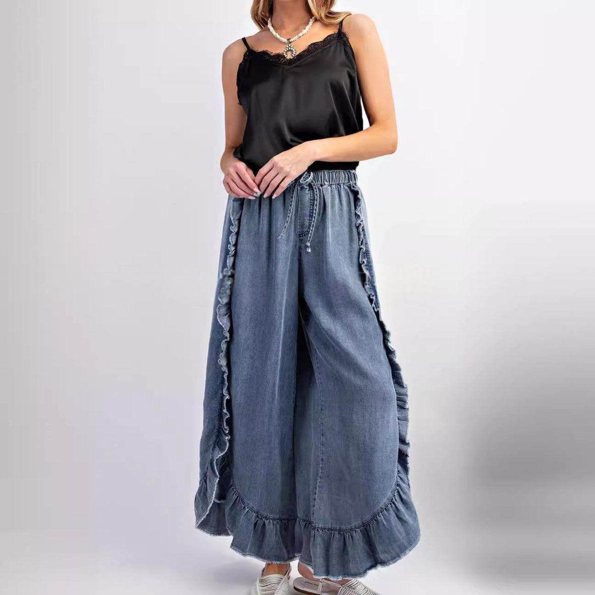Womens Washed Cotton Denim Flared Pants With Ruffled Hem