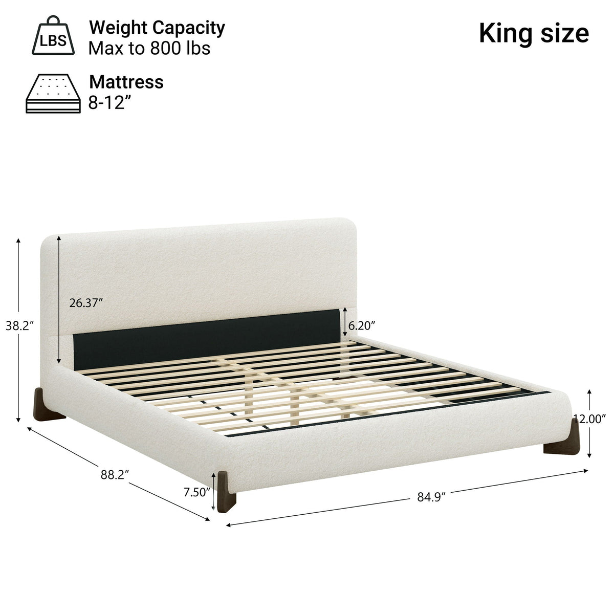 Elegant Boucle Upholstered Bed With Solid Wood Legs