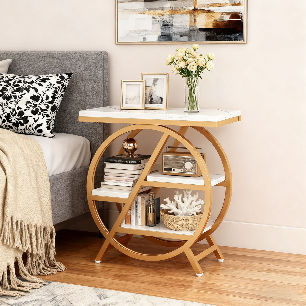 Modern Narrow End Table With 3 Tier Shelves