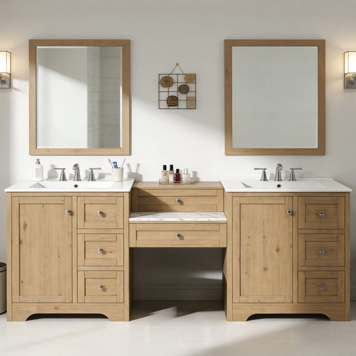Double Sink Bathroom Vanity With Countertop, 2 Ceramic Sinks, 6 Drawers