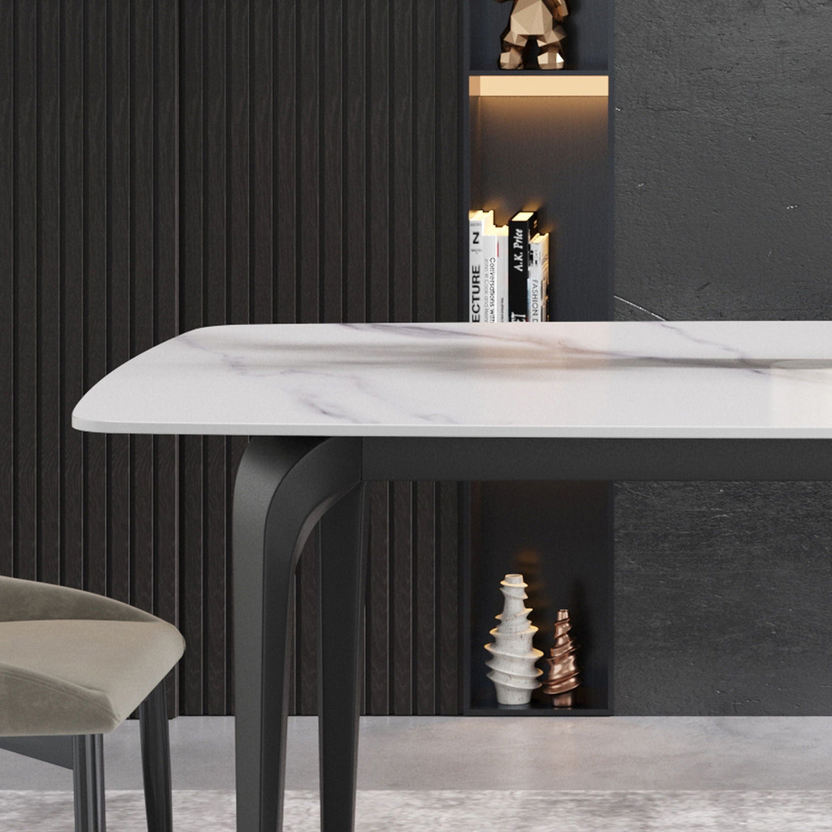 70.87" Modern Artificial Stone Curved Black Metal Leg Dining Table, Can Accommodate 6-8 People - White / Black