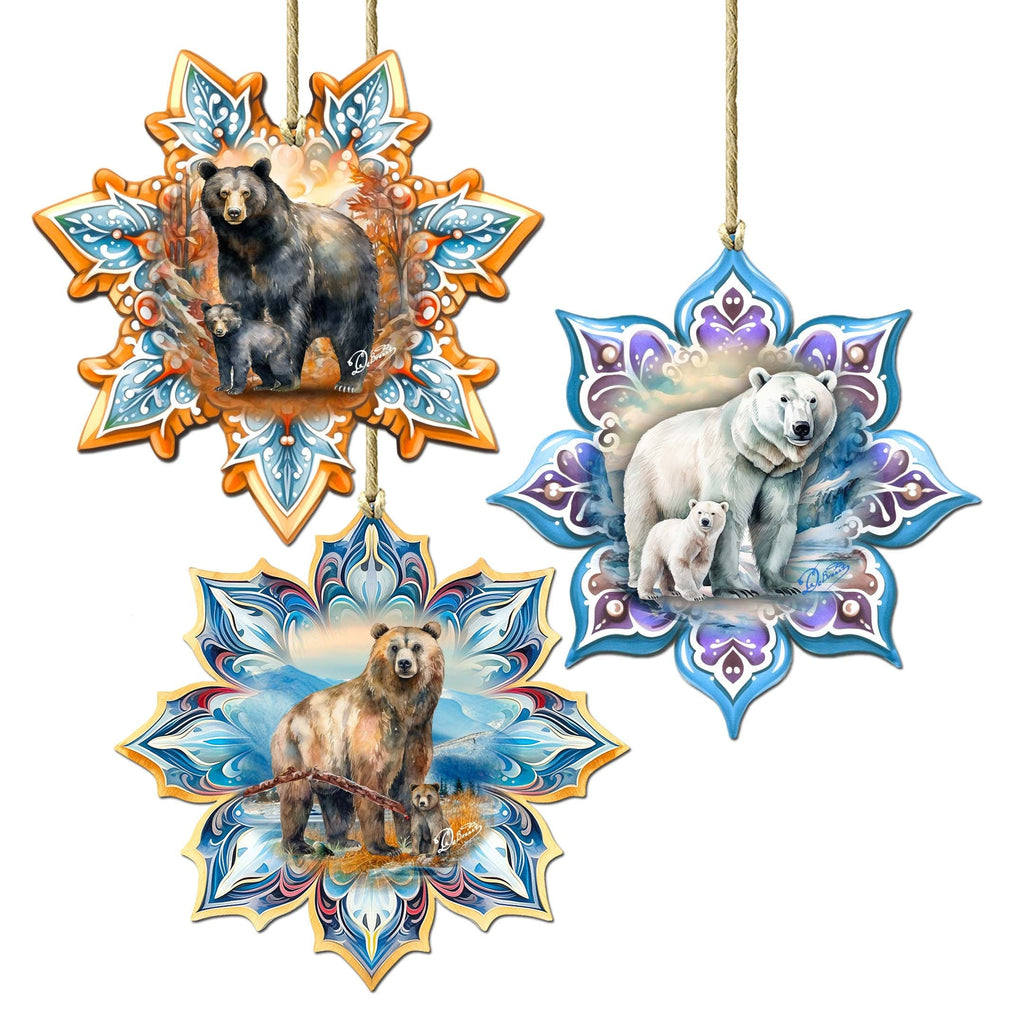 Bears Snowflake Eco Wood Ornaments Set of 3 by G. Debrekht - Nature Wildlife Decor - 8090143-S3