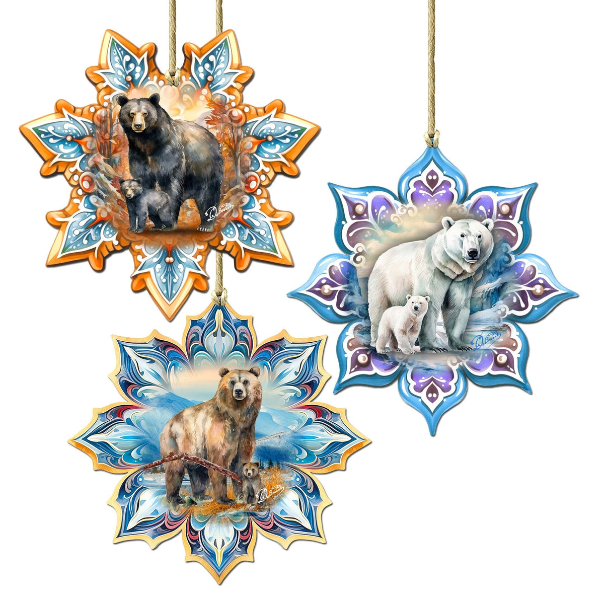 Bears Snowflake Eco Wood Ornaments Set of 3 by G. Debrekht - Nature Wildlife Decor - 8090143-S3