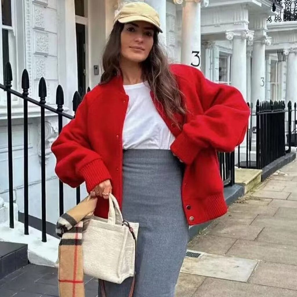 Womens Fashionable Round-Neck Solid-Color Wool Coat