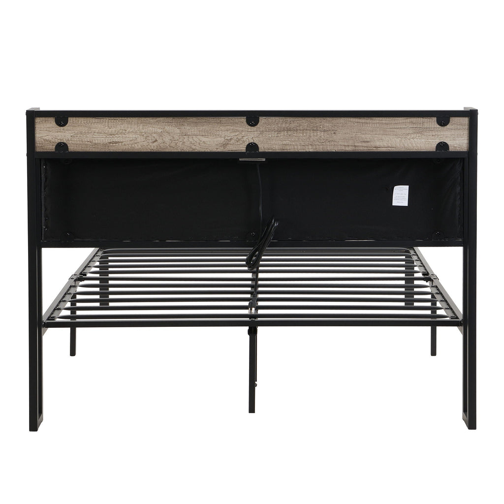 Modern Bed Frame With LED Lights, Upholstered Headboard, USB Charging