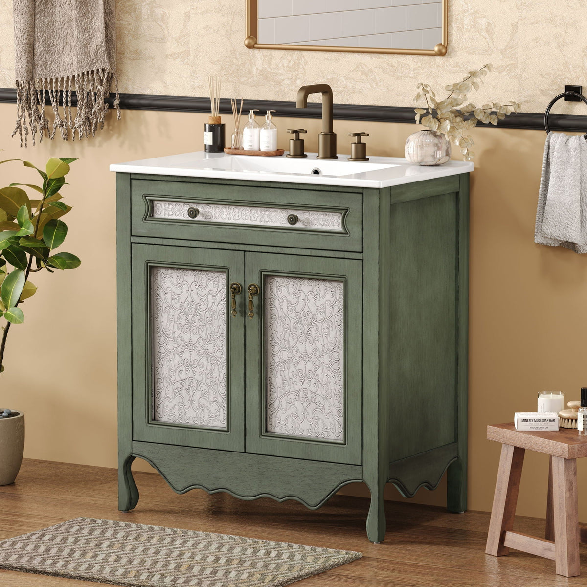 Bathroom Vanity With Rectangle Sink And Tip Out Tray - Antique Blue Green