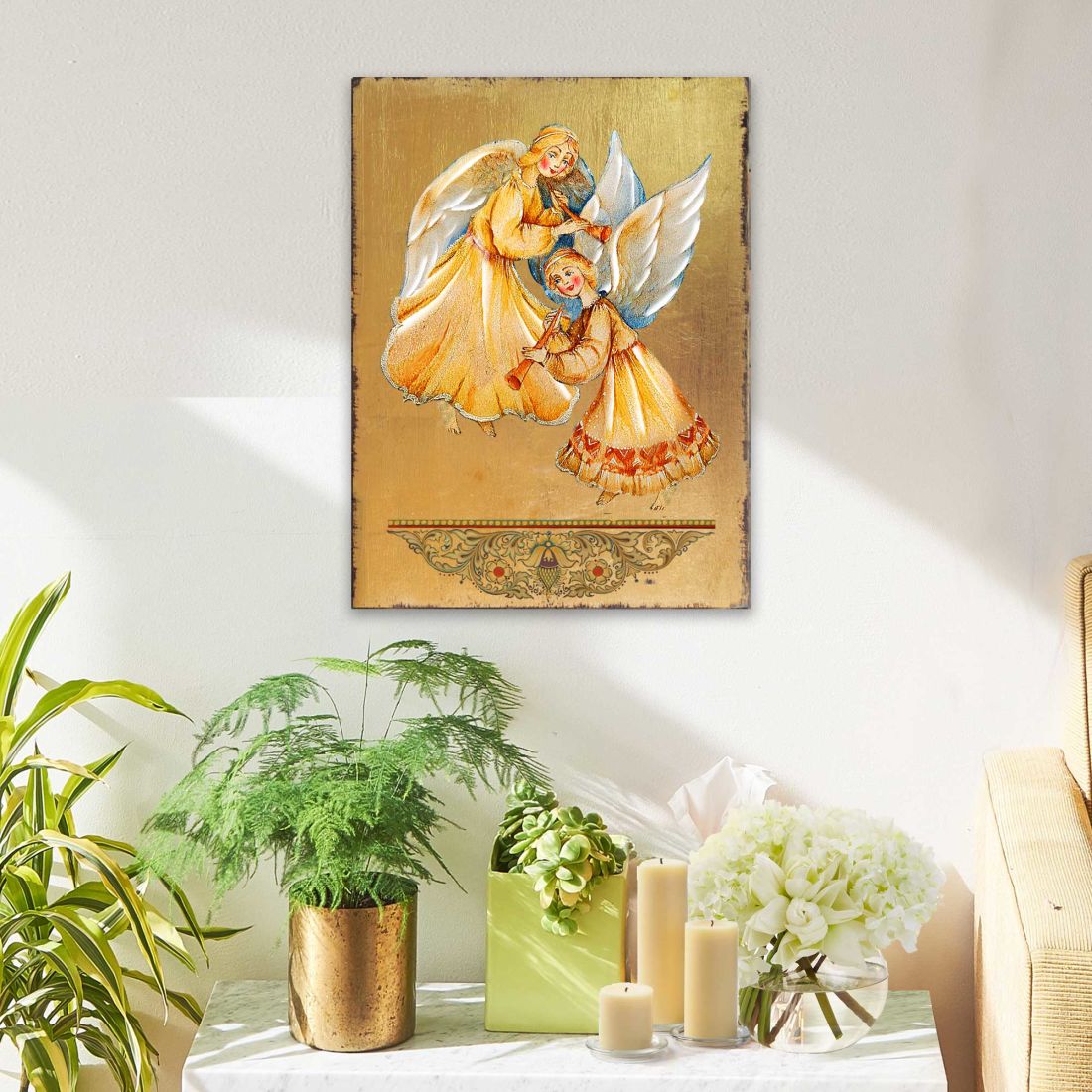 Angels Watching Over You Wooden Gold Plated Religious Christian Sacred Icon - Inspirational Icon Decor - 85046
