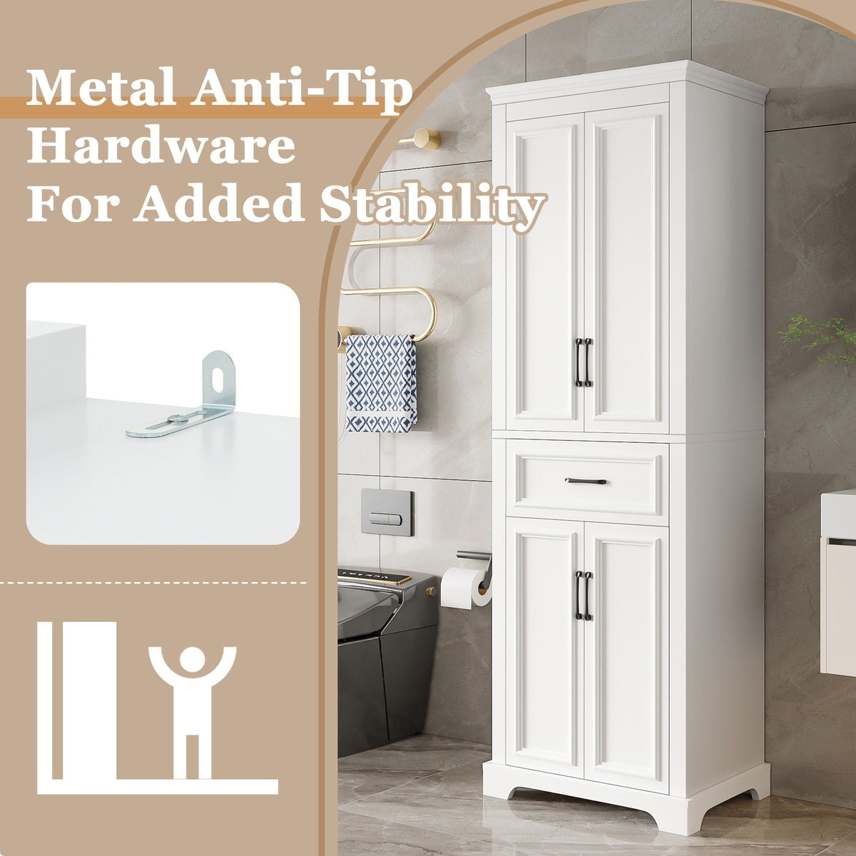 Freestanding Bathroom Vanity, Elegant Design With 4 Doors & 1 Drawer, Adjustable Shelves, Damping Hinges - White