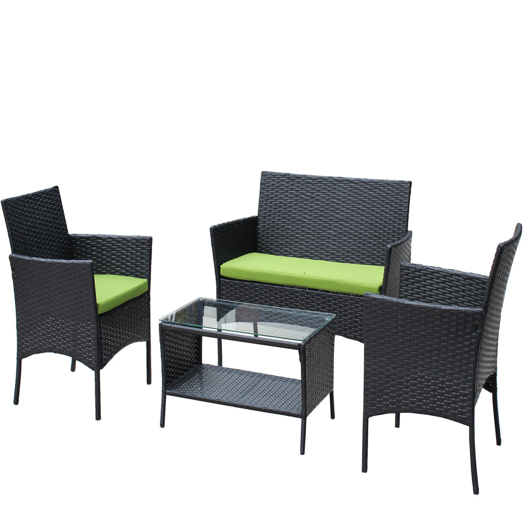 4 PC Rattan Patio Furniture Set Outdoor Cushioned Wicker Sofa Green Cushion